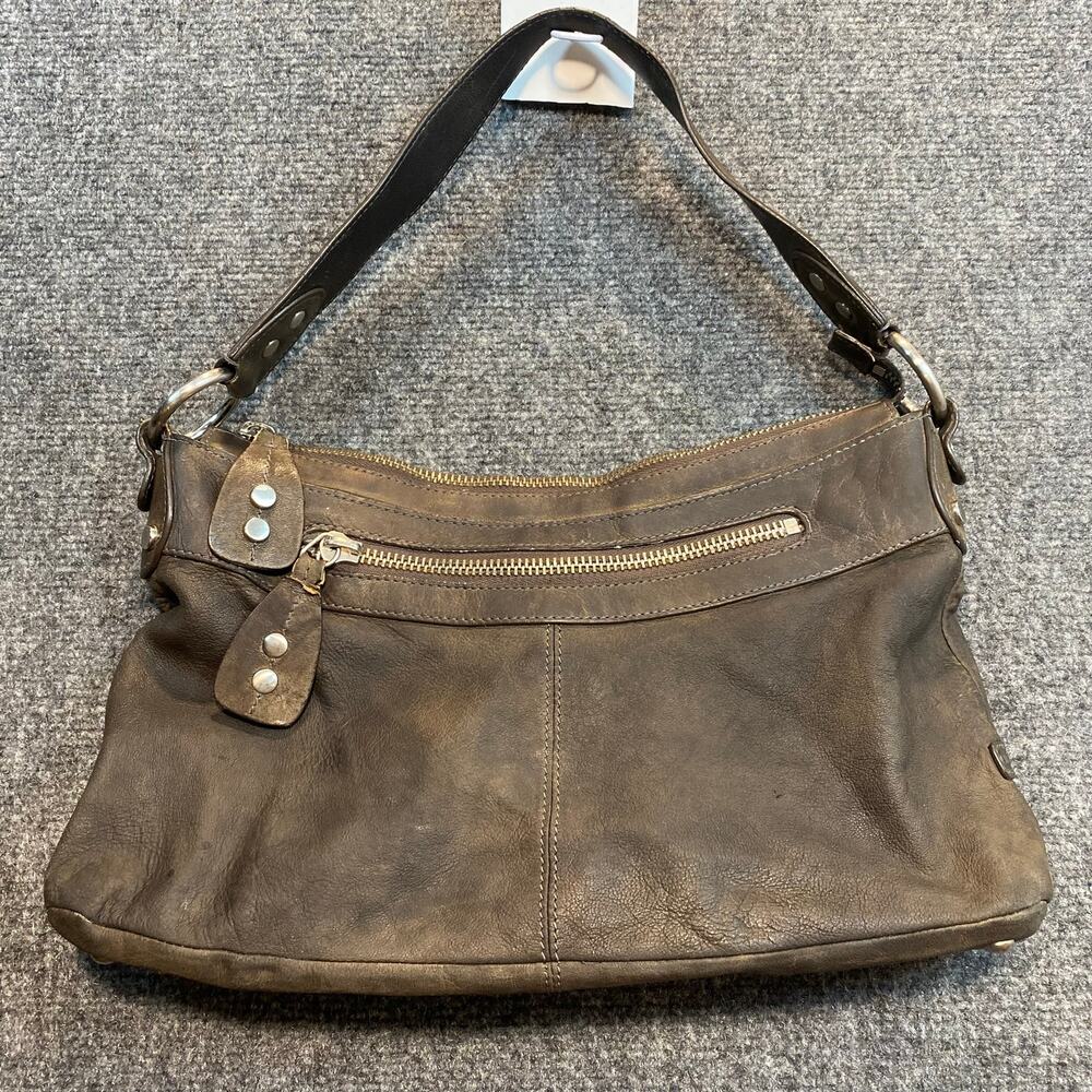 Ellington Green Gray Leather Handbag Shoulder Bag Top Handle Multi Pocket Purse